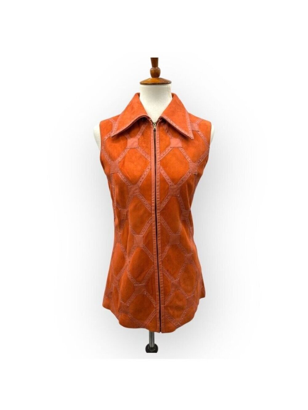 Vintage 60's Suede Wool Vest Zipper Pointed Collar Orange